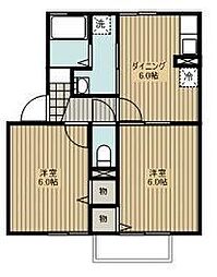 エクセル川端Ｅ 1階2DKの間取り