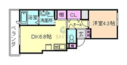 ソレイユ服部 1DKの間取図画像