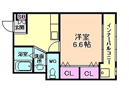 グルーク塚本 2階1Kの間取り