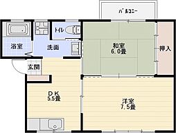第1コーポ平野 2DKの間取図画像