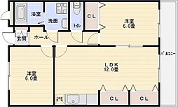 大県マンション2 3階2LDKの間取り