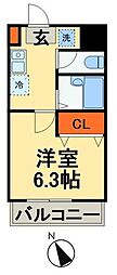 クラリティ稲毛 2階1Kの間取り