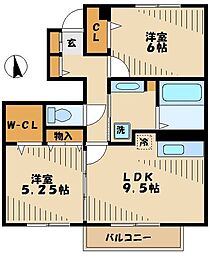 京王相模原線 多摩境駅 徒歩14分の賃貸アパート 2階2LDKの間取り