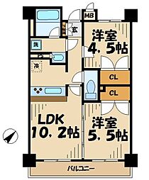 JR横浜線 相模原駅 徒歩10分の賃貸マンション 5階2LDKの間取り