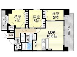 Osaka Metro長堀鶴見緑地線 松屋町駅 徒歩5分の賃貸マンション 18階3LDKの間取り