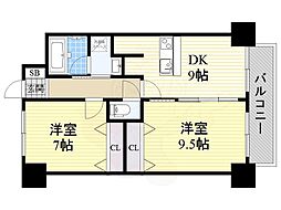 Osaka Metro四つ橋線 大国町駅 徒歩6分の賃貸マンション 12階2DKの間取り