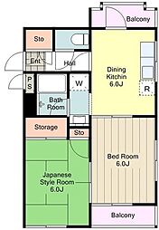 JR中央線 八王子駅 徒歩8分の賃貸マンション 2階2DKの間取り