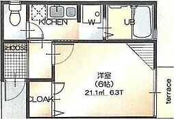 京王線 百草園駅 徒歩4分の賃貸アパート 2階1Kの間取り