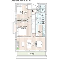 JR中央線 国立駅 徒歩18分の賃貸マンション 2階2LDKの間取り