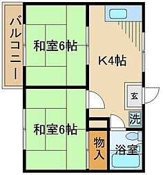 京王線 多磨霊園駅 徒歩10分の賃貸アパート 2階2Kの間取り