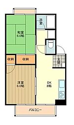 JR中央線 日野駅 徒歩16分の賃貸アパート 1階2DKの間取り