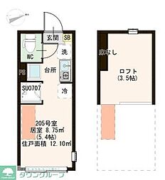 ハーモニーテラス上中里 2階ワンルームの間取り