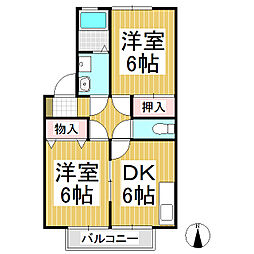 ラ・アンソレイユＢ 2階2DKの間取り