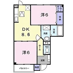 サンリットヒルズ　B 1階2DKの間取り