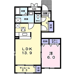 フォンテーヌ　Ｄ 1階1LDKの間取り