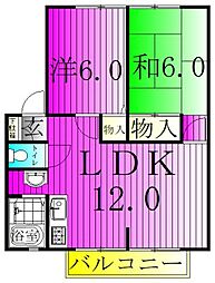 サンライフ梅郷　B棟 2階2LDKの間取り