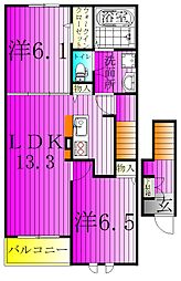エスタブレA 202 2階2LDKの間取り