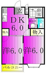 サンビレッジC 2階2DKの間取り