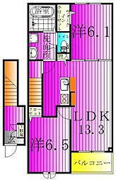 エスタブレB 2階2LDKの間取り