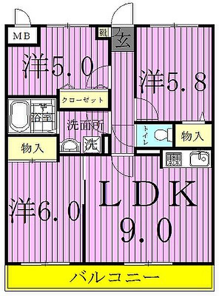 ローズ・ウッド 203｜千葉県柏市松ケ崎(賃貸マンション3DK・2階・67.23㎡)の写真 その2