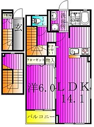 サニーコートD棟 3階1LDKの間取り