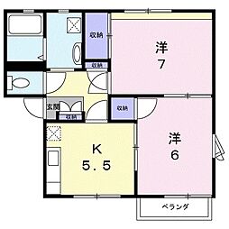 フレグランスアベB 1階2Kの間取り
