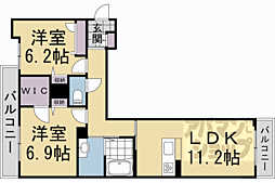 阪急嵐山線 松尾大社駅 徒歩17分の賃貸マンション 2階2LDKの間取り