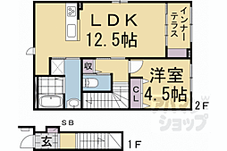 JR山陰本線 太秦駅 徒歩12分の賃貸アパート 2階1LDKの間取り