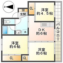 ビレッジハウス北口2号棟 3階3DKの間取り
