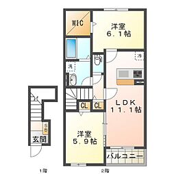 ガーデン一身田 2階2LDKの間取り