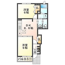 オーデンハウスB 2DKの間取図画像