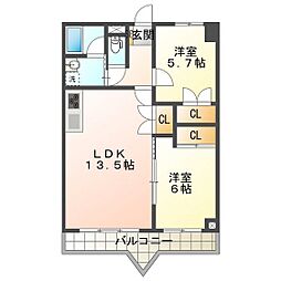 シャトーカワイ 2LDKの間取図画像