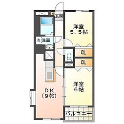 サンヒルズII 2階2DKの間取り