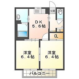 ハイビスカスD 1階2DKの間取り