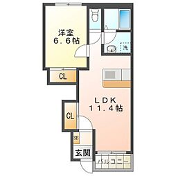 甫II 1階1LDKの間取り