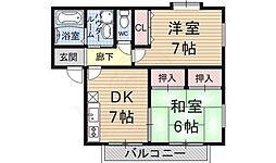 ヴィラフルール西棟 2DKの間取図画像