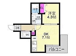 ARCA山科 1階1DKの間取り