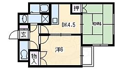 嵯峨野フラット 3階2DKの間取り