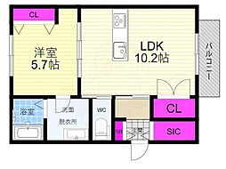 エルメゾン太秦安井 2階1LDKの間取り