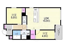 ベルビュー西陣 5階2LDKの間取り