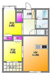 ヴェルデキタテラ 2LDKの間取図画像