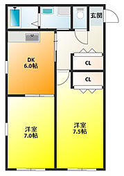 フラワームーン 2DKの間取図画像