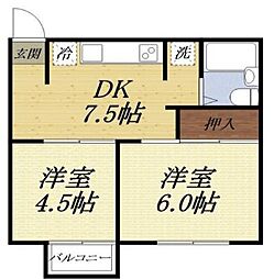 レジデンスクレルA 2DKの間取図画像