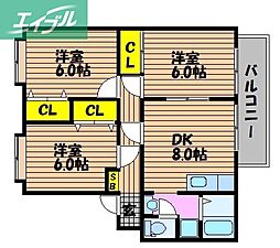 ピュアハイツ北方2 3DKの間取図画像