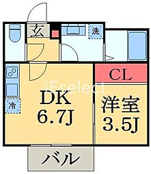 カインドネス千葉公園 2階1DKの間取り
