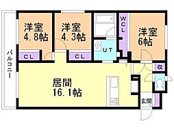札幌市営東西線 西28丁目駅 徒歩9分の賃貸マンション 4階3LDKの間取り