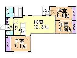 シティプレミア北6条 3階3LDKの間取り