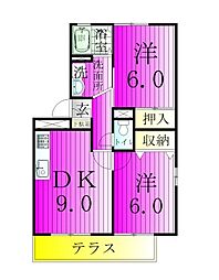 ハイカムールN 1階2DKの間取り