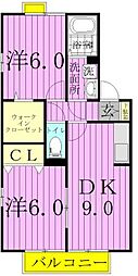 ツインハイムE 2階2DKの間取り