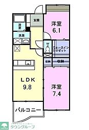 京王相模原線 稲城駅 徒歩15分の賃貸マンション 2階2LDKの間取り